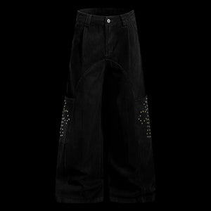 Black wide-leg pants with decorative elements on a white background