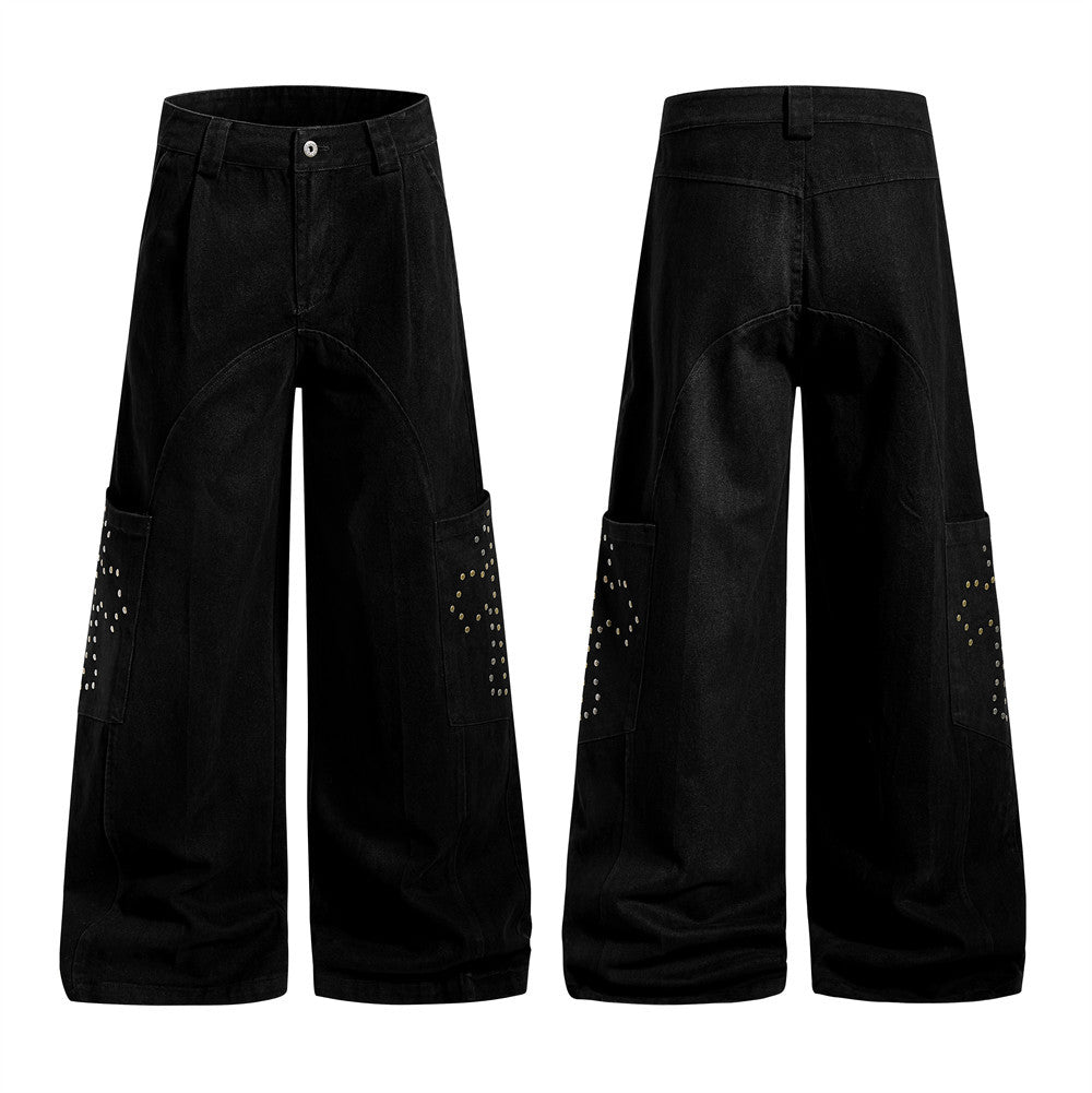 Black wide-leg pants with embellishments on a white background