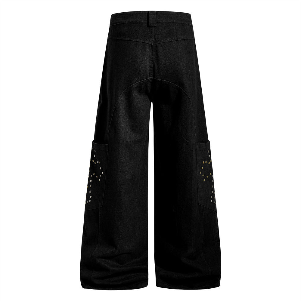 Black wide-leg pants with decorative cutouts on a white background