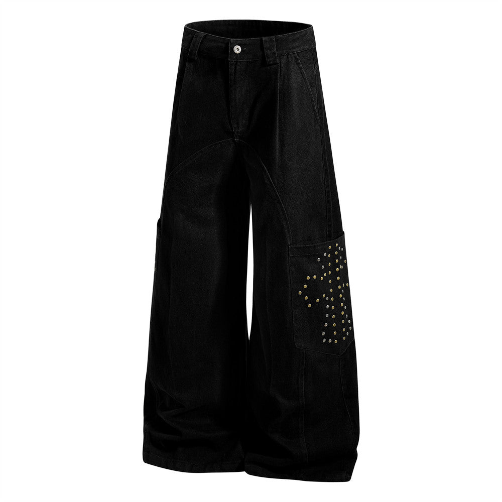 Black wide-leg pants with decorative embellishments on a white background