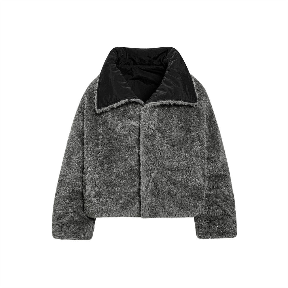Gray fleece jacket with black collar on a white background