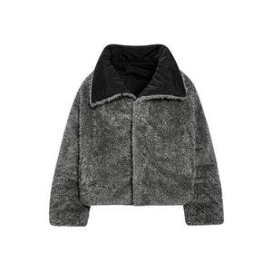 Gray fleece jacket with black collar on a white background