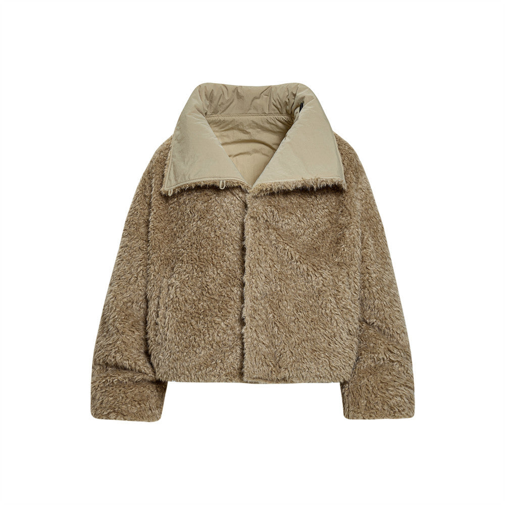Beige sherpa jacket with a white background