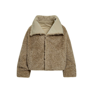 Beige sherpa jacket with a white background