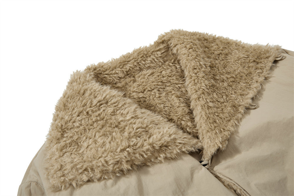 Beige fur-lined jacket on a white background