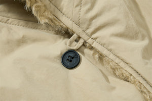 Close-up of a button on a beige jacket with fur trim