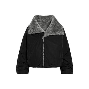 Black jacket with gray fur collar on a white background