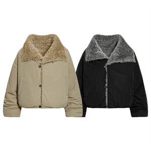 Two jackets with shearling collars, one beige and one black, on a white background.