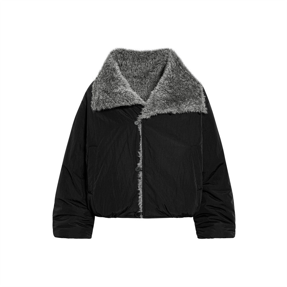 Black jacket with gray fur collar on a white background