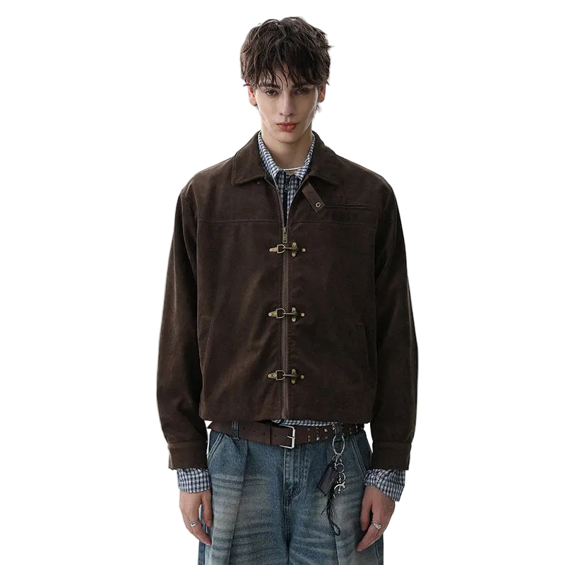 Person wearing a brown jacket with d-ring fastenings on a white background