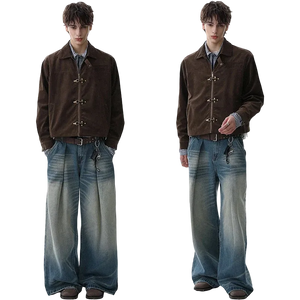 Two views of a person wearing a brown jacket and blue jeans on a white background