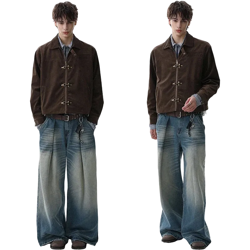 Two views of a person wearing a brown jacket and blue jeans on a white background
