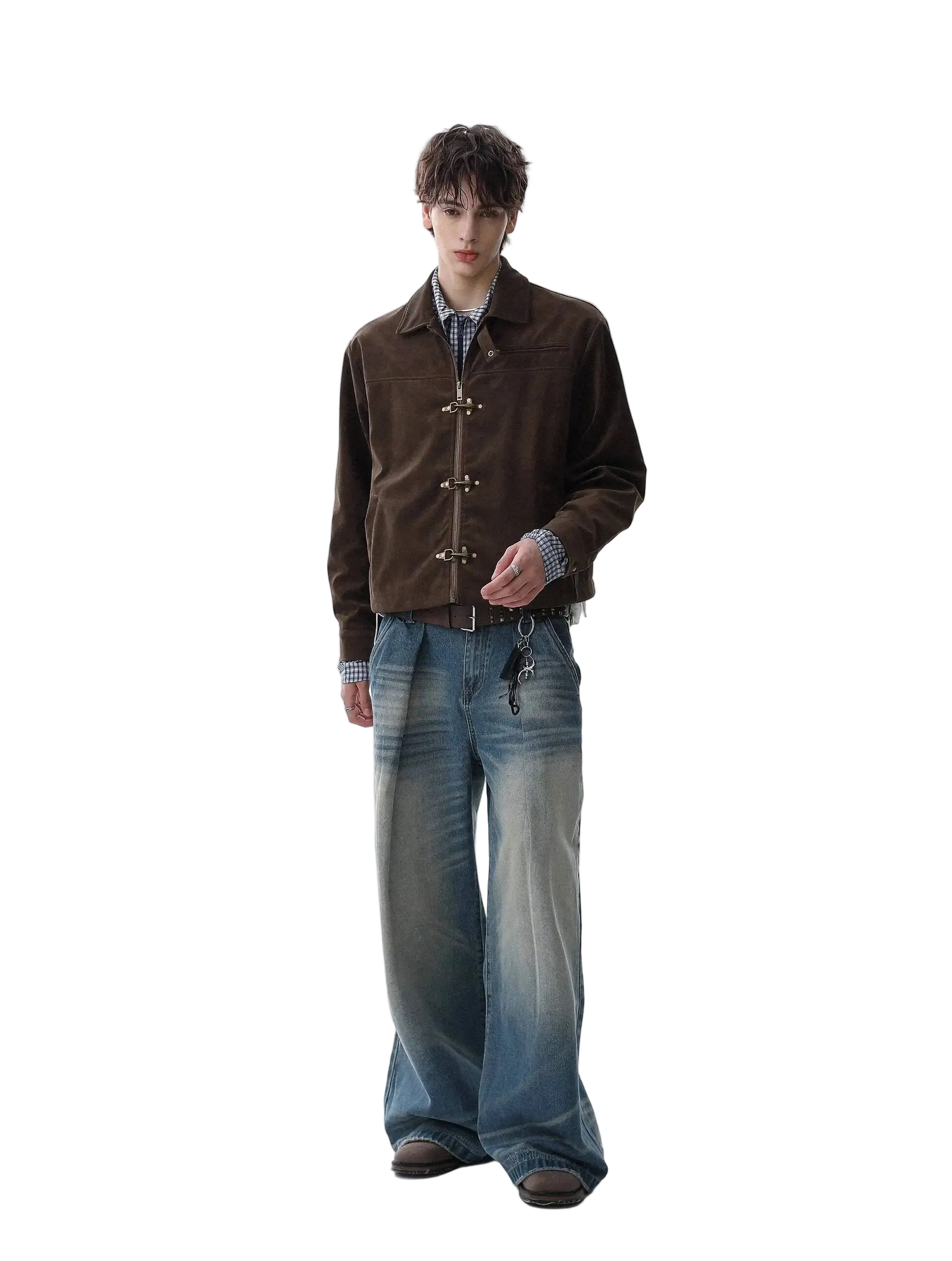 Man wearing a brown jacket and blue jeans on a white background