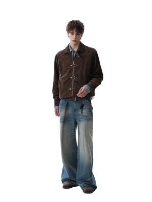Man wearing a brown jacket and blue jeans on a white background