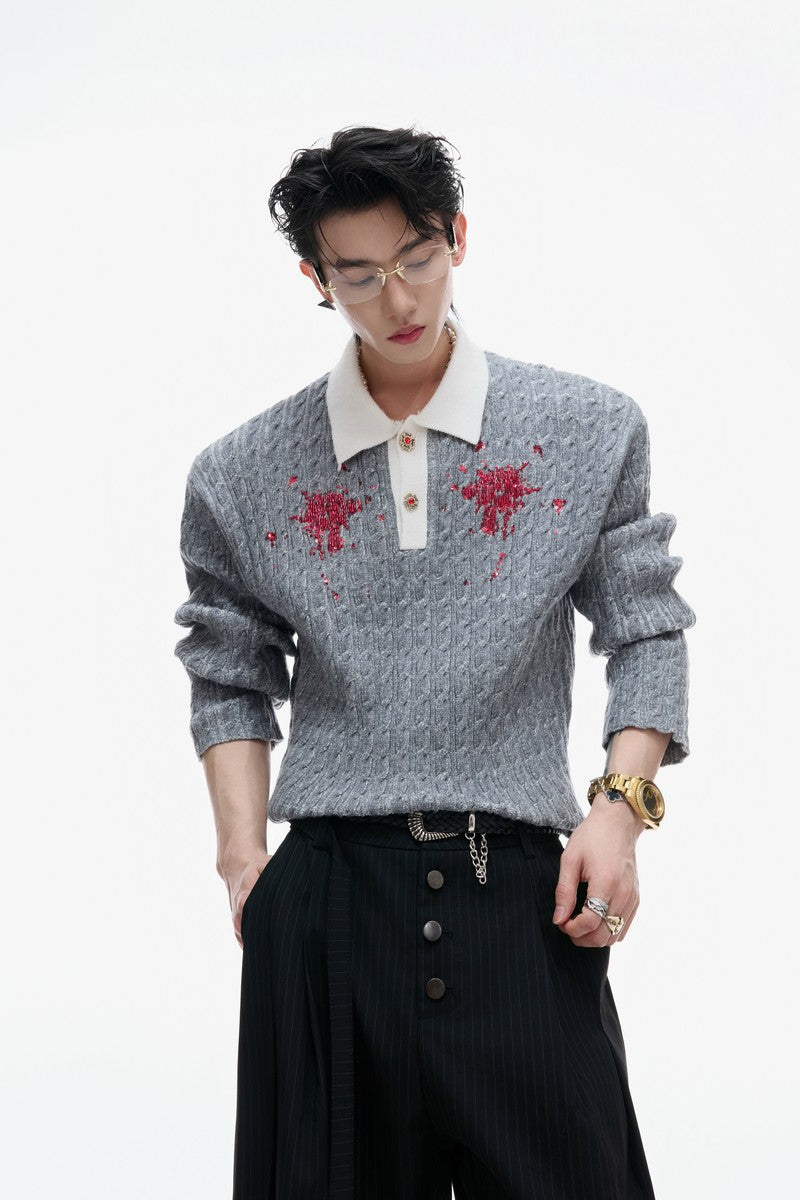 Paillettenkragen, taillierter Strickpullover 