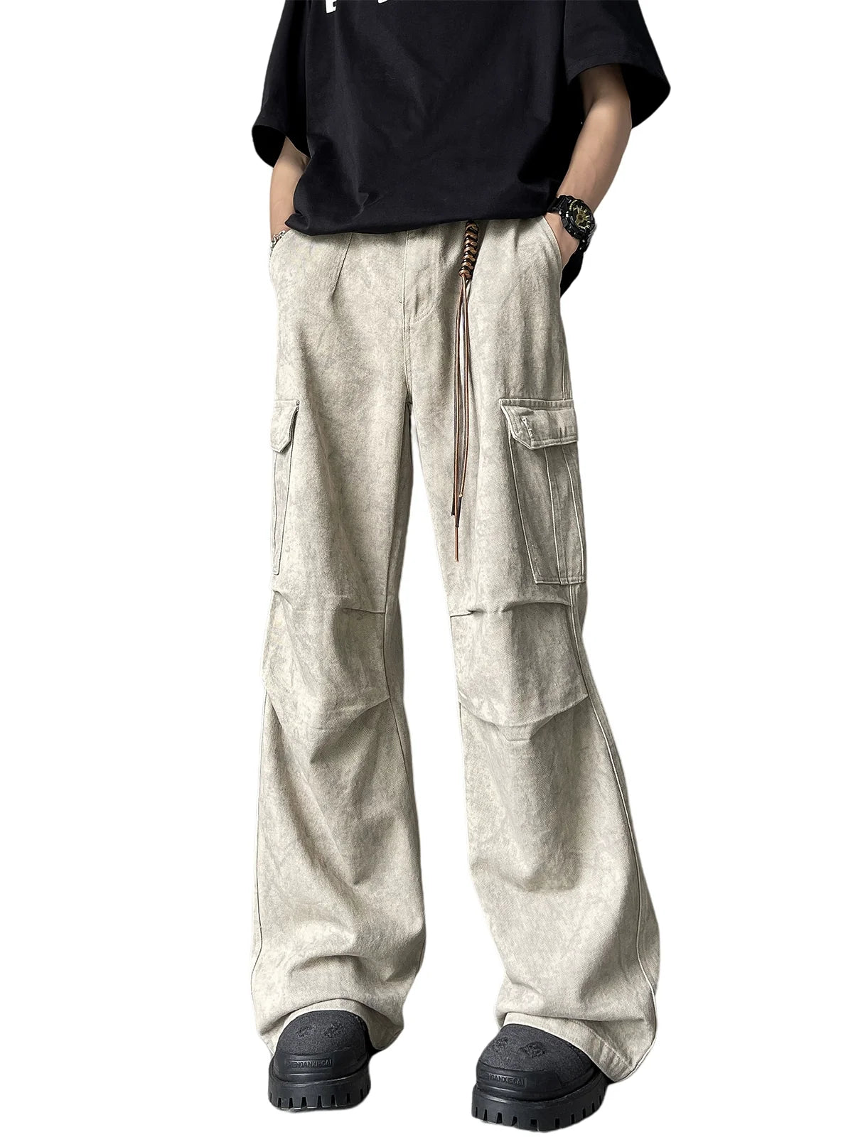 Apricot Stone-Wash Wide-Leg Cargo Pants