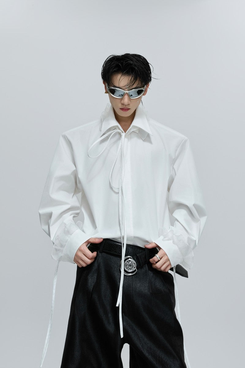 탈부착 보우 레이스 트림 블라우스