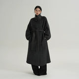 Black-Gray Cocoon Funnel-Neck Wool Coat