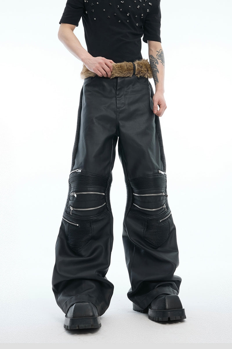 Lederhose mit hohem Bund, ausgestelltem Bein und Reißverschlusspanel 