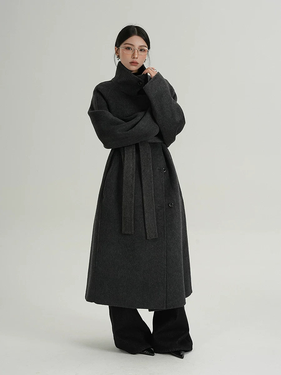 Black-Gray Cocoon Funnel-Neck Wool Coat