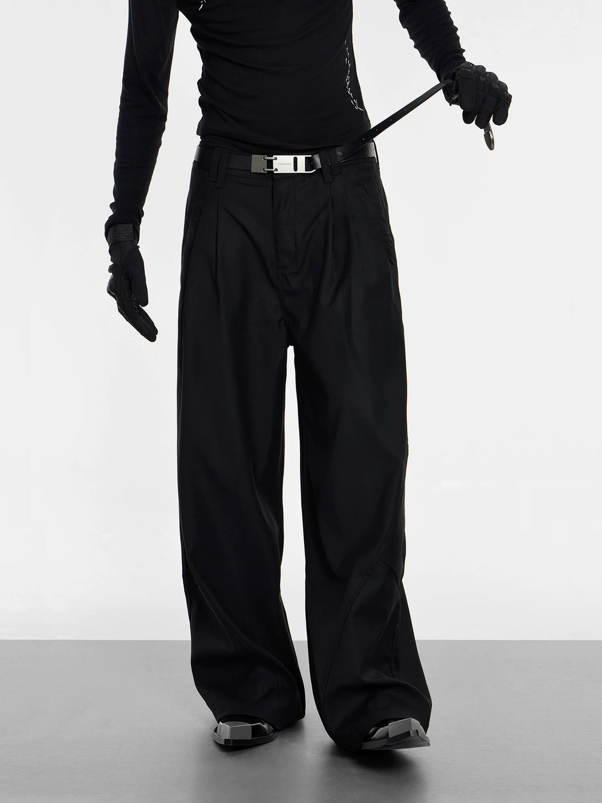 Wide Leg Black Double Pleat Pants