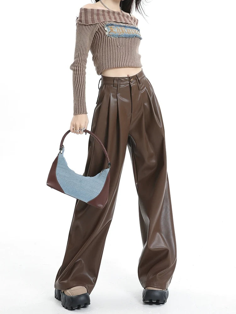 Coffee Wide-Leg Pu Leather Pants