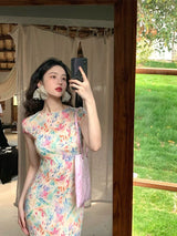 Pastel Watercolor Floral Cheongsam Maxi Dress