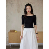 Black Boat Neck Half Sleeve Top