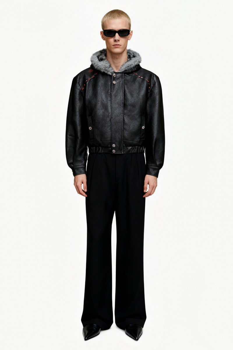 Wattierte Bikerjacke mit Pelzkapuze 