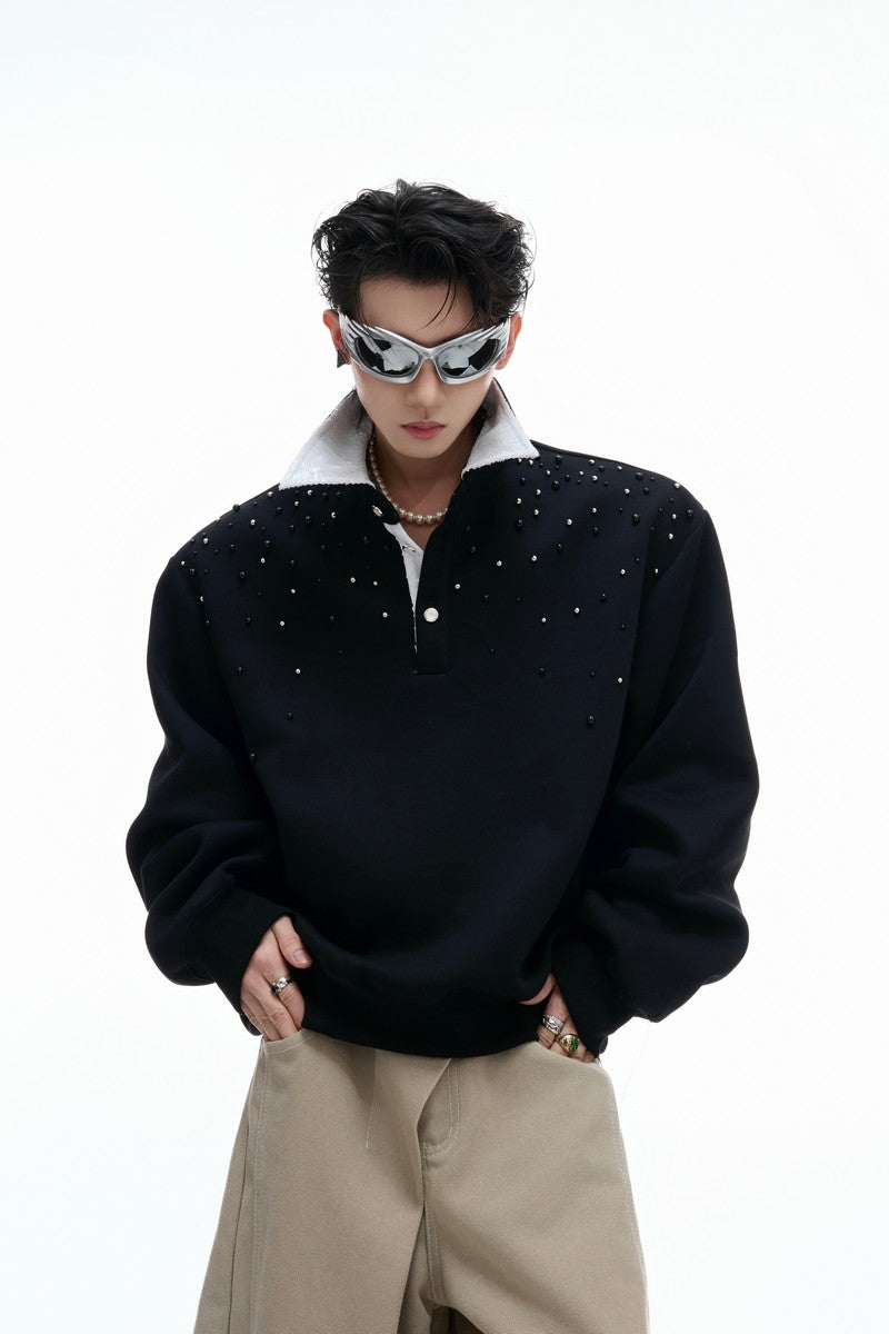 Pearl Sequin Colorblock Polo Sweatshirt