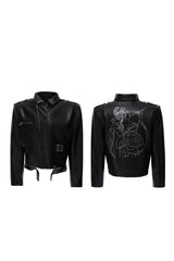 Pin Detail Geisha Print Leather Jacket