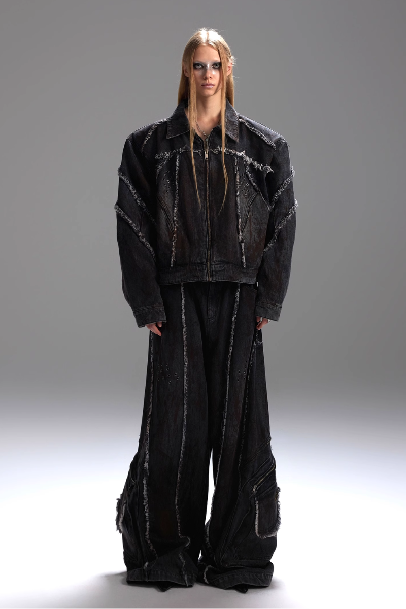 Distressed Denim Jacket and Cargo Jeans Set