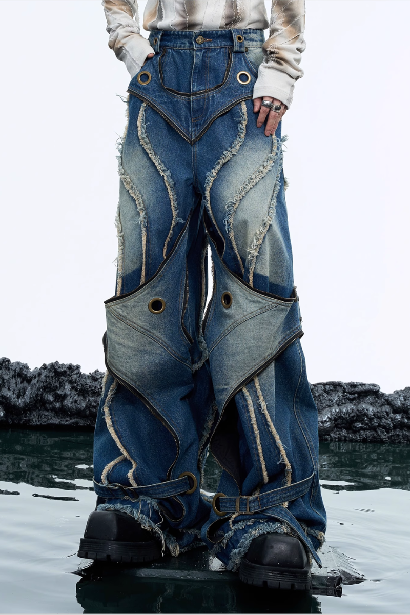 Layered Distressed Patchwork Jeans