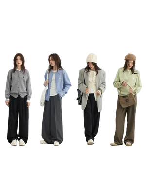 Four women wearing different outfits on a white background