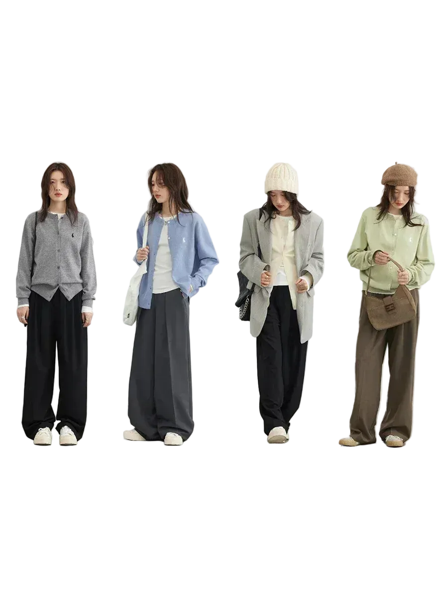 Four women wearing different outfits on a white background