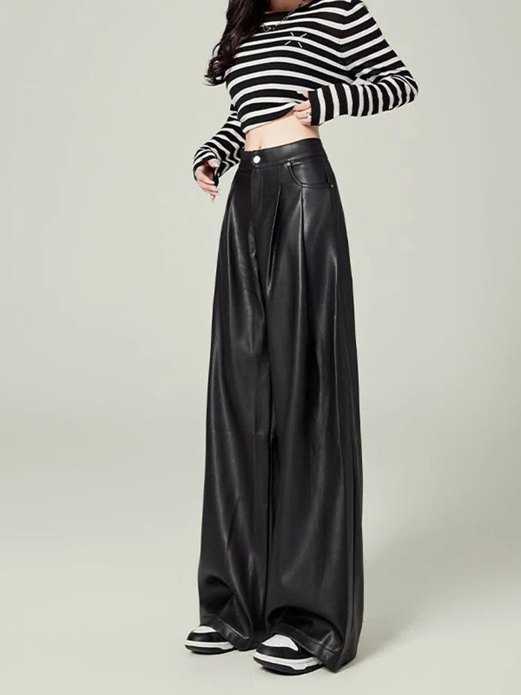 Stylish High Waist Drape Leather Pants