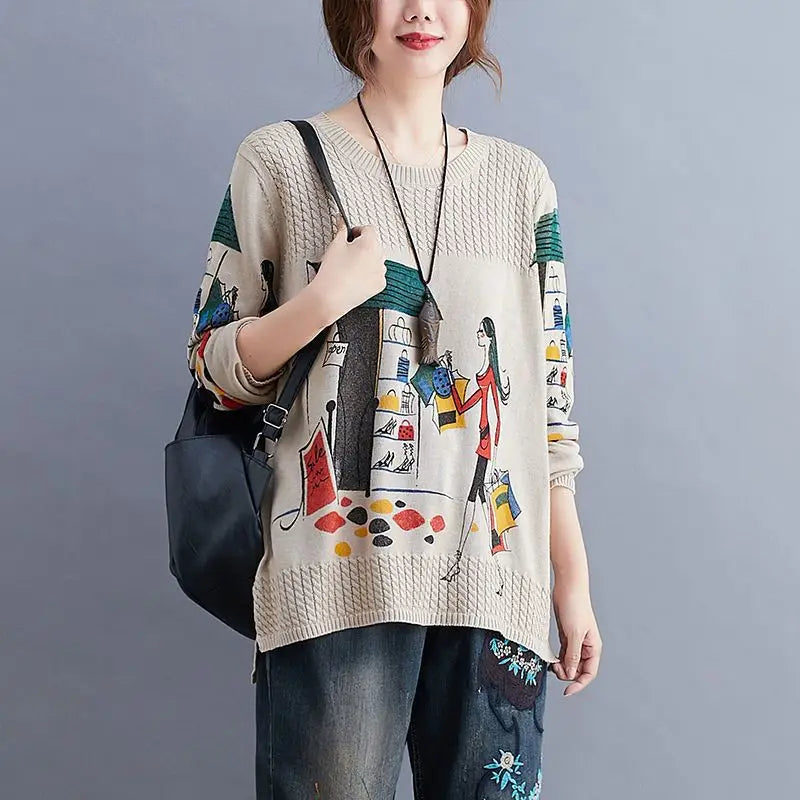 Literary Retro Comfort Anime Printing Sweater