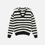 Strickpullover mit V-Ausschnitt und kontrastierender Farbe, lockerer Passform