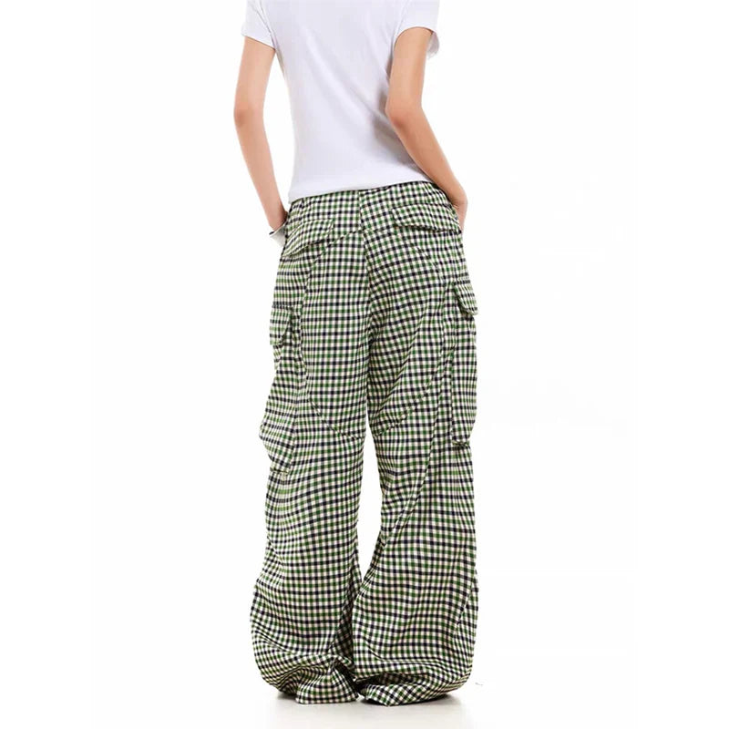 Fashionable Streetwear Plaid Loose Wide Leg Cargo Pants