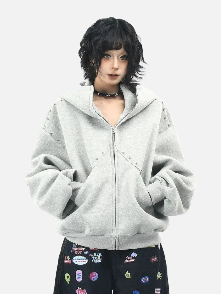 Rivet Patchwork Loose Ears Hooded Gothic Sweatshirt