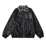 Women Reversible Bouble Face Plaid Biker Leather Jacket