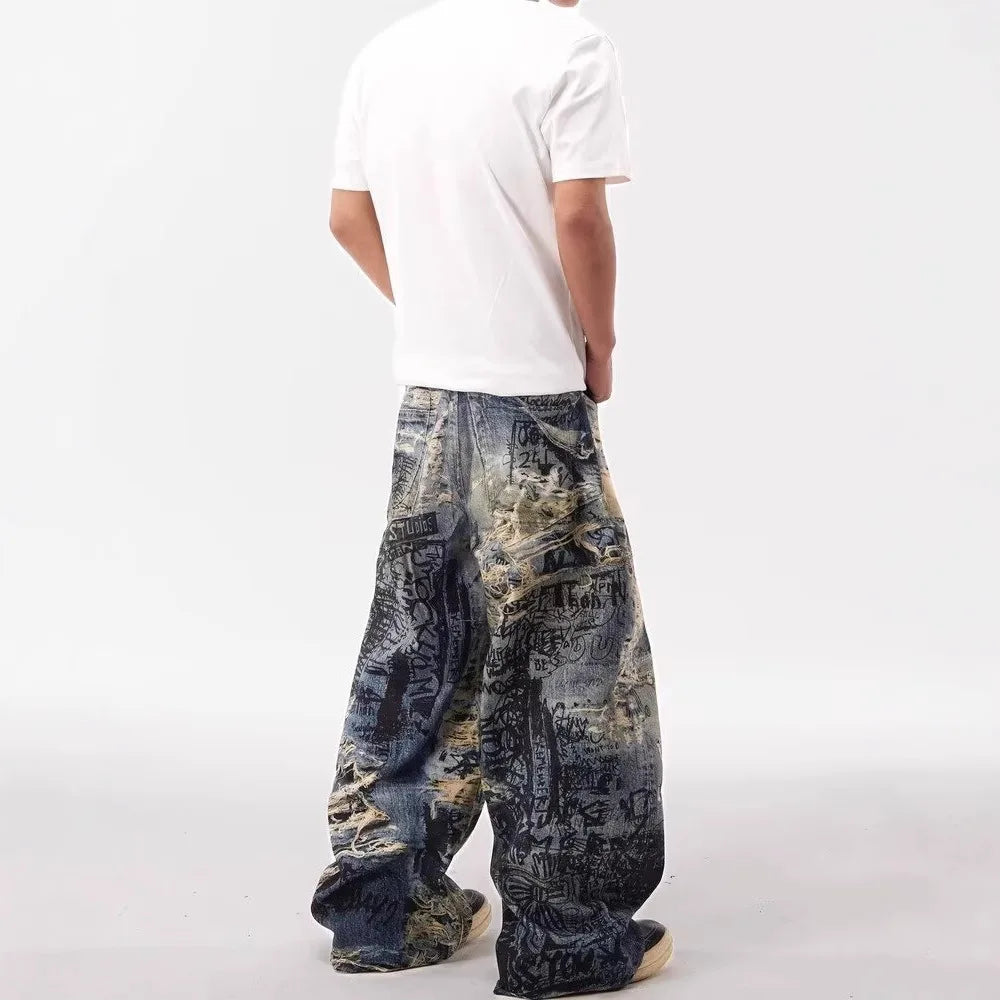 Retro-Jeans mit 3D-Druck, coolen Rissen und weitem Bein
