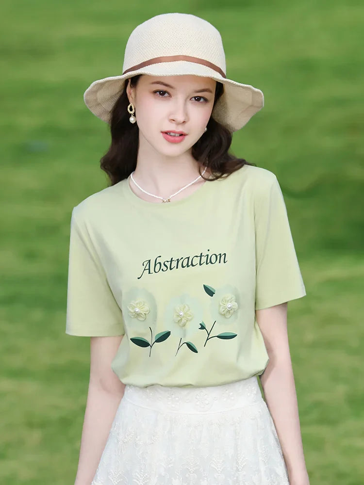 T-shirt brodé de fleurs vertes