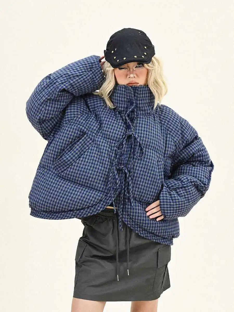 Plaid Vintage Style Oversize Zipper Puffer Jacket