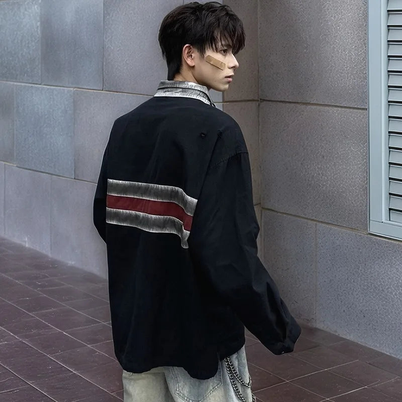 찢어진 레트로 긴팔 폴로 카라 티셔츠