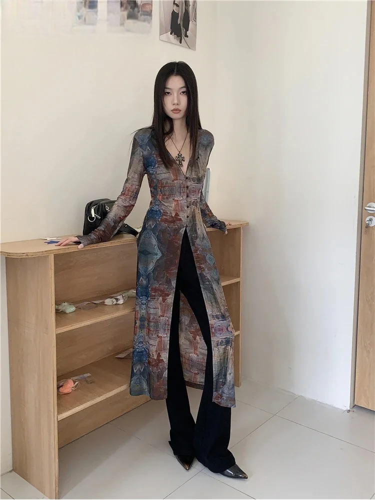 Vintage Oil Painting Mesh X-Long Shirt For Women Cardigan Long Sleeve V Neck Designer Top Fashion Clothing