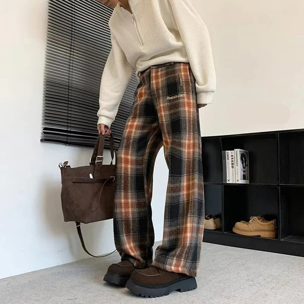 American Style Plaid Drape Straight Leg Pants