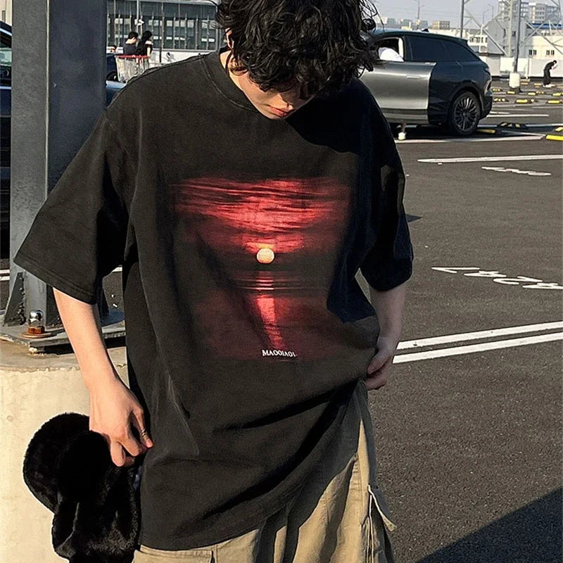 Vintage Sunset Graphic Print Distressed T-Shirt