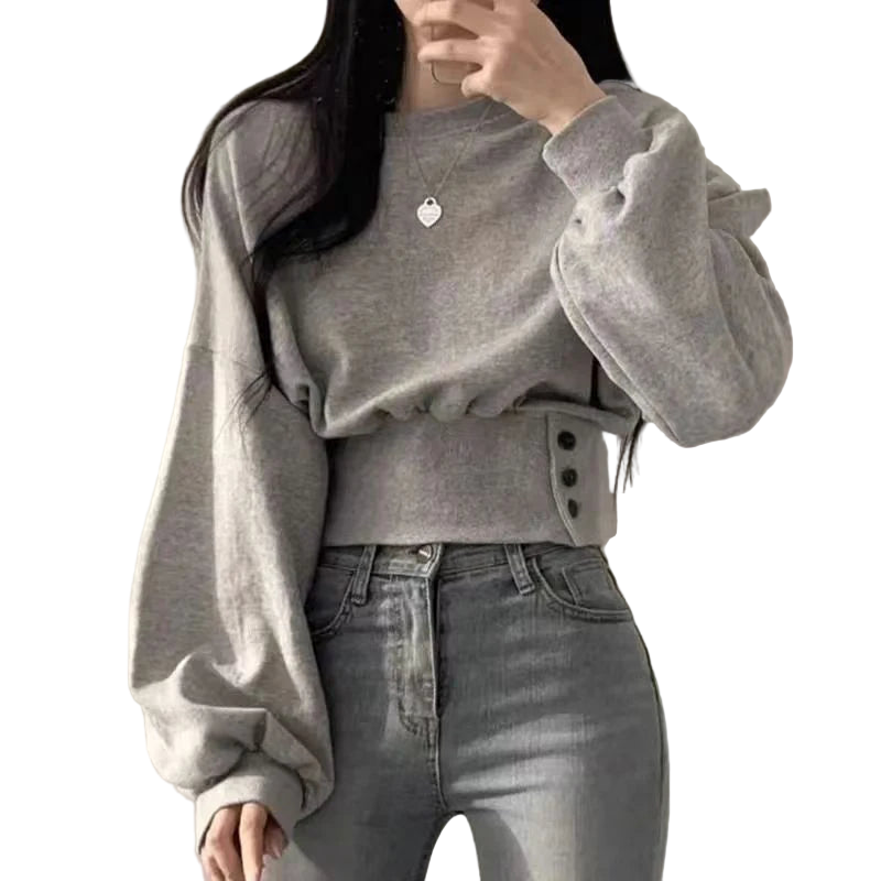 Autumn Solid O-Neck Slim Crop Top T-shirt