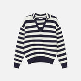 Strickpullover mit V-Ausschnitt und kontrastierender Farbe, lockerer Passform